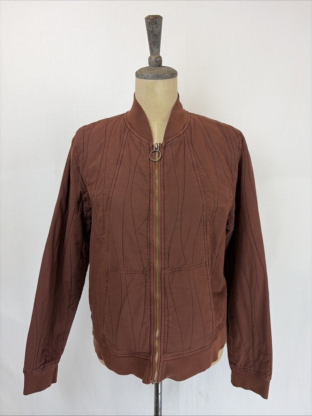 NWT XCVI Brown Quilted Stitch Details Pockets Bomber Jacket XL #0661